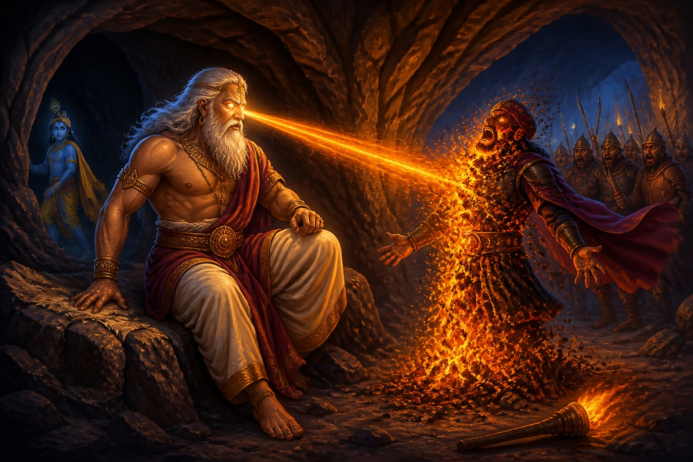 Muchukunda waking and burning Kalayavana with his fiery glance in the cave
