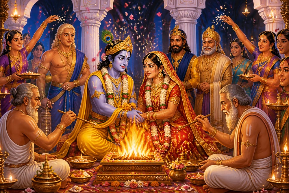 The Vedic wedding ceremony of Krishna and Rukmini in Dwaraka's grand pavilion