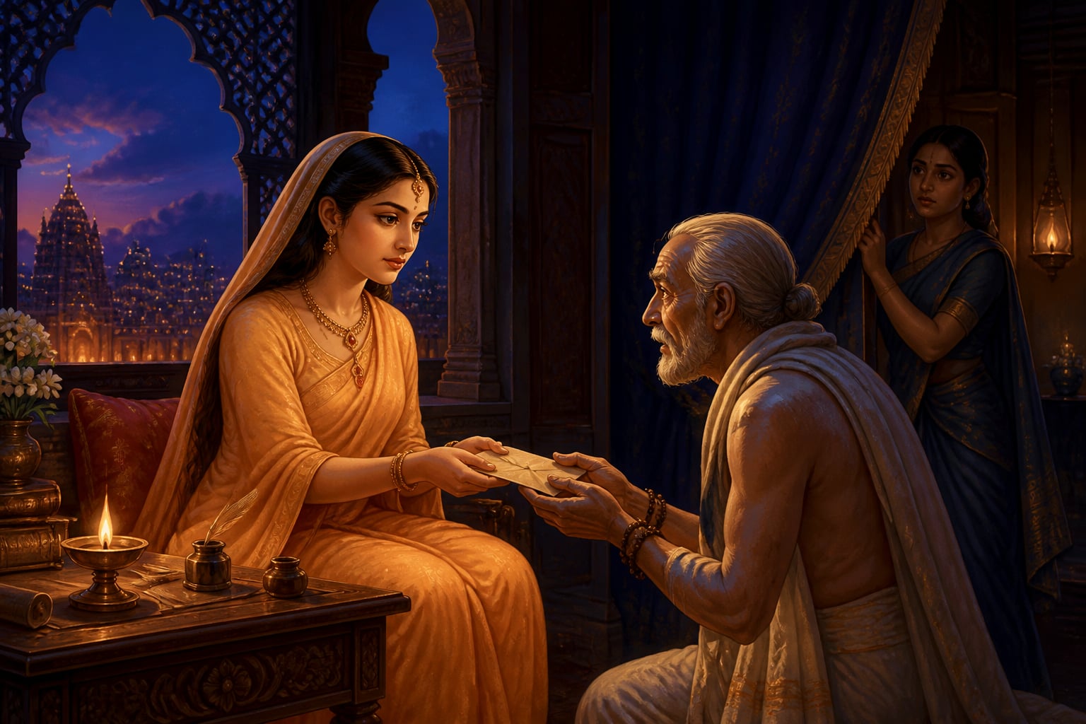 Rukmini handing her secret love letter to a trusted brahmana messenger
