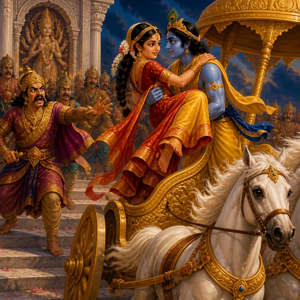 Krishna lifting Rukmini into his chariot at the steps of Ambika's temple outside Kundina.