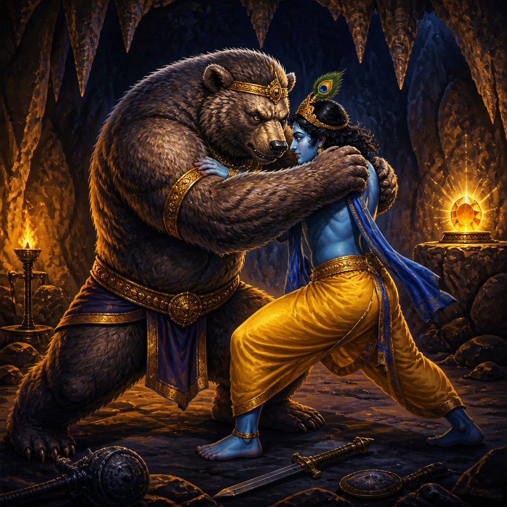 Krishna and the bear king Jambavan locked in wrestling combat inside a torch-lit cavern, the Syamantaka jewel glittering nearby.