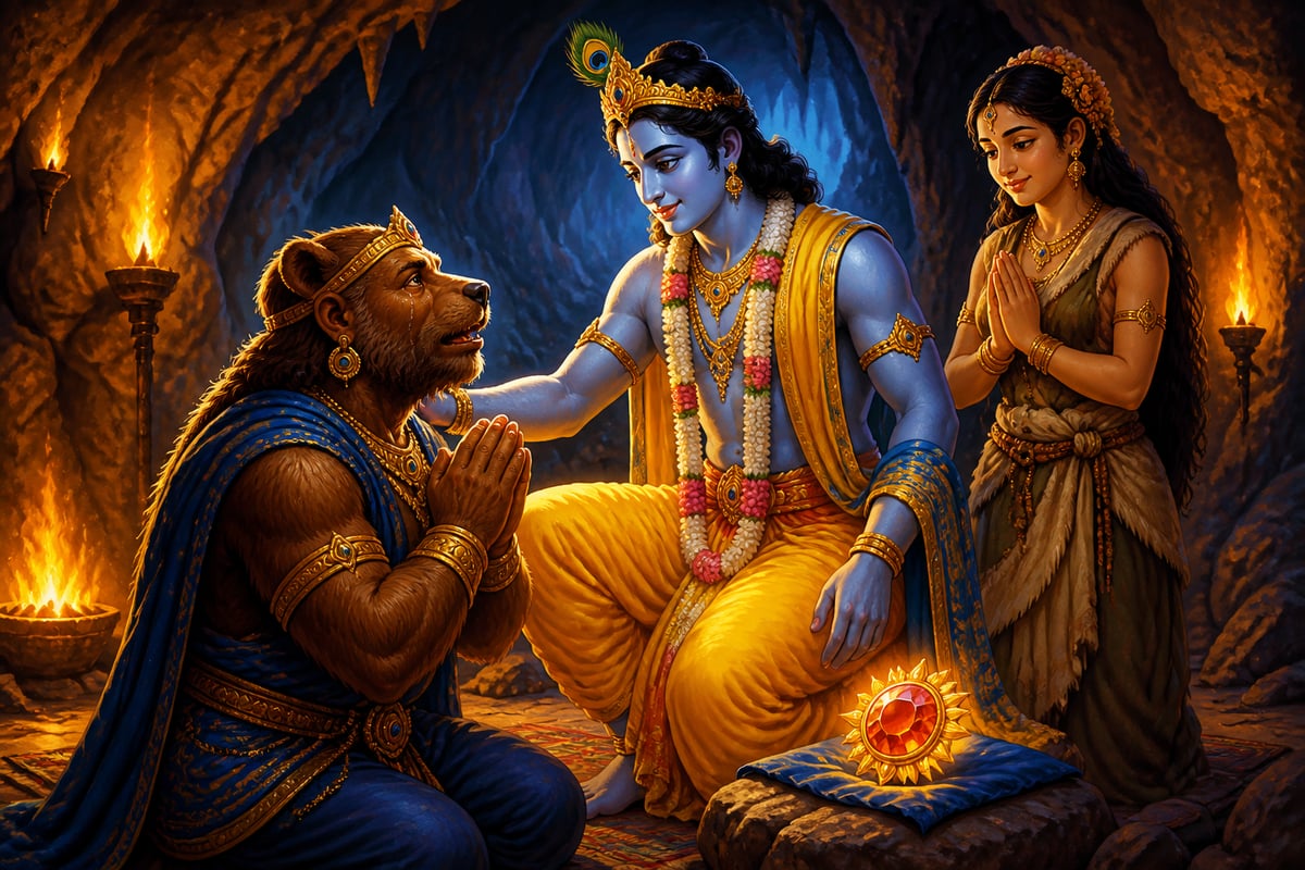 Jambavan kneeling at Krishna's feet recognizing him as Lord Rama returned