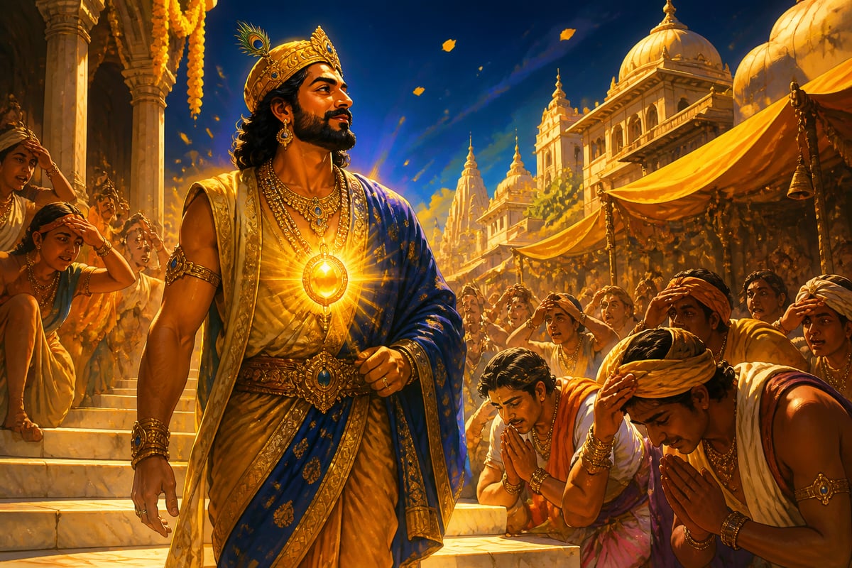 Satrajit walking through Mathura with the Syamantaka jewel blazing at his neck