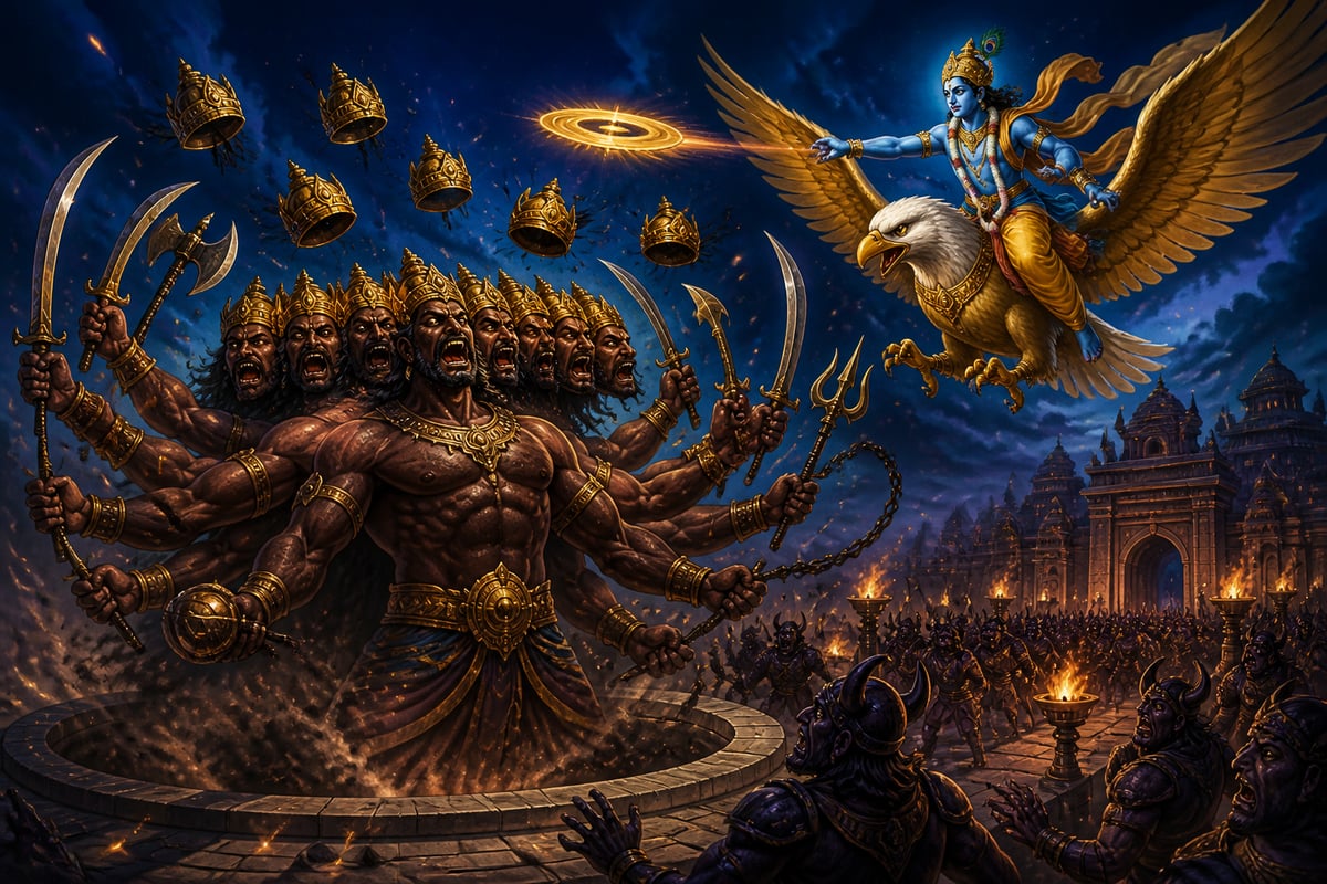 Krishna on Garuda beheading the seven-headed demon general Mura