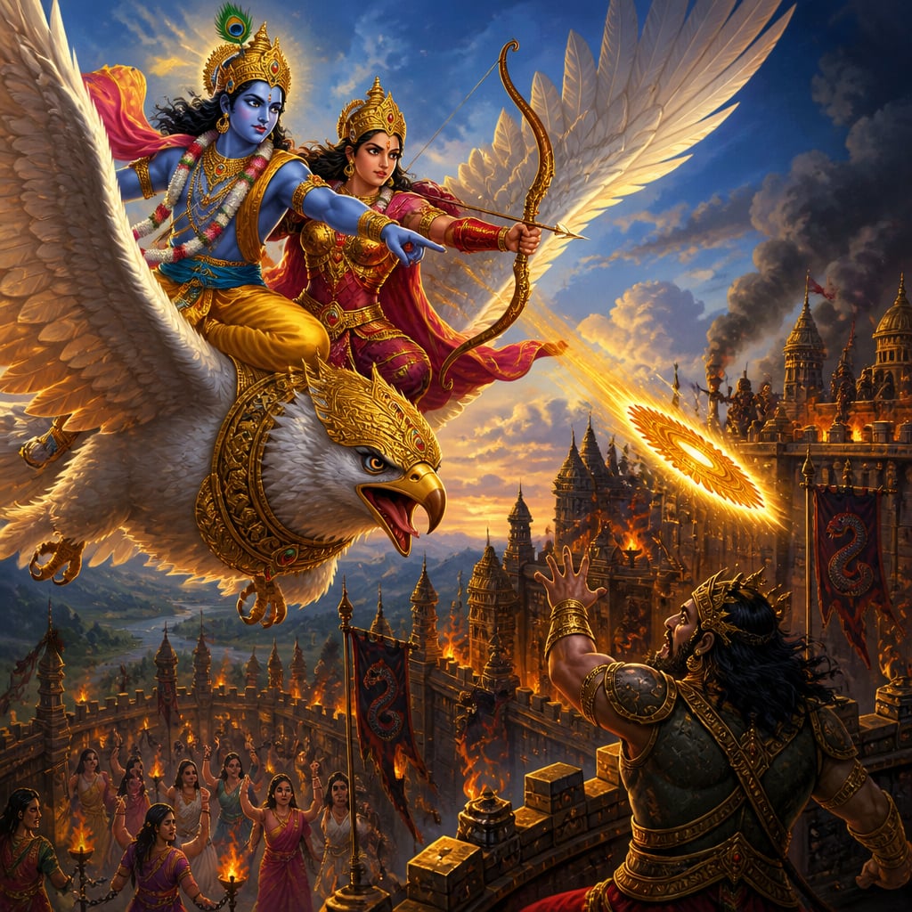 Krishna on Garuda with Satyabhama, hurling the blazing Sudarshana discus down at Narakasura over Pragjyotishpura.