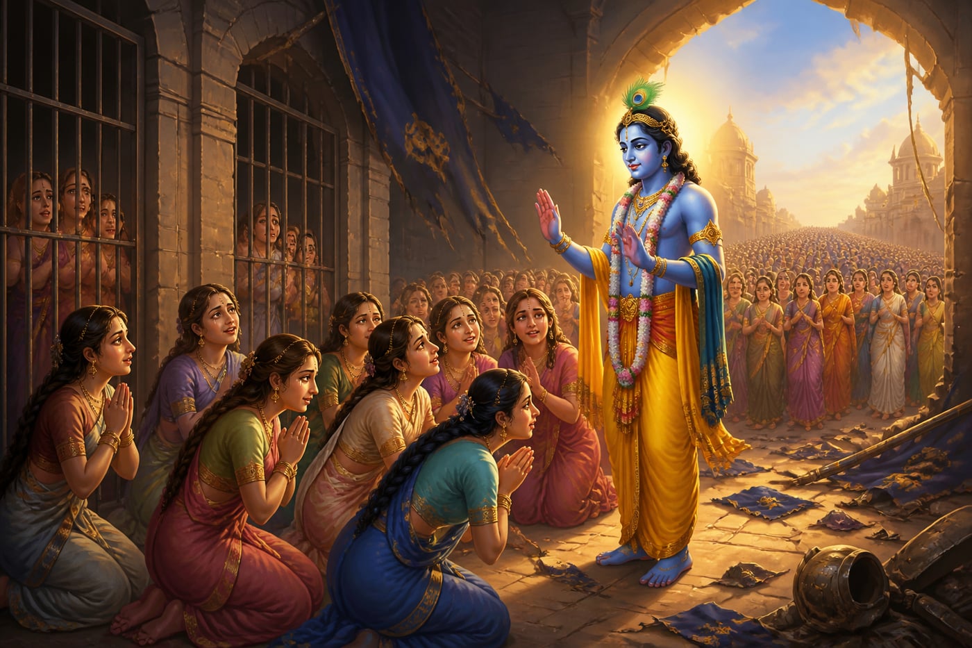 Sixteen thousand freed princesses kneeling before Krishna asking for protection
