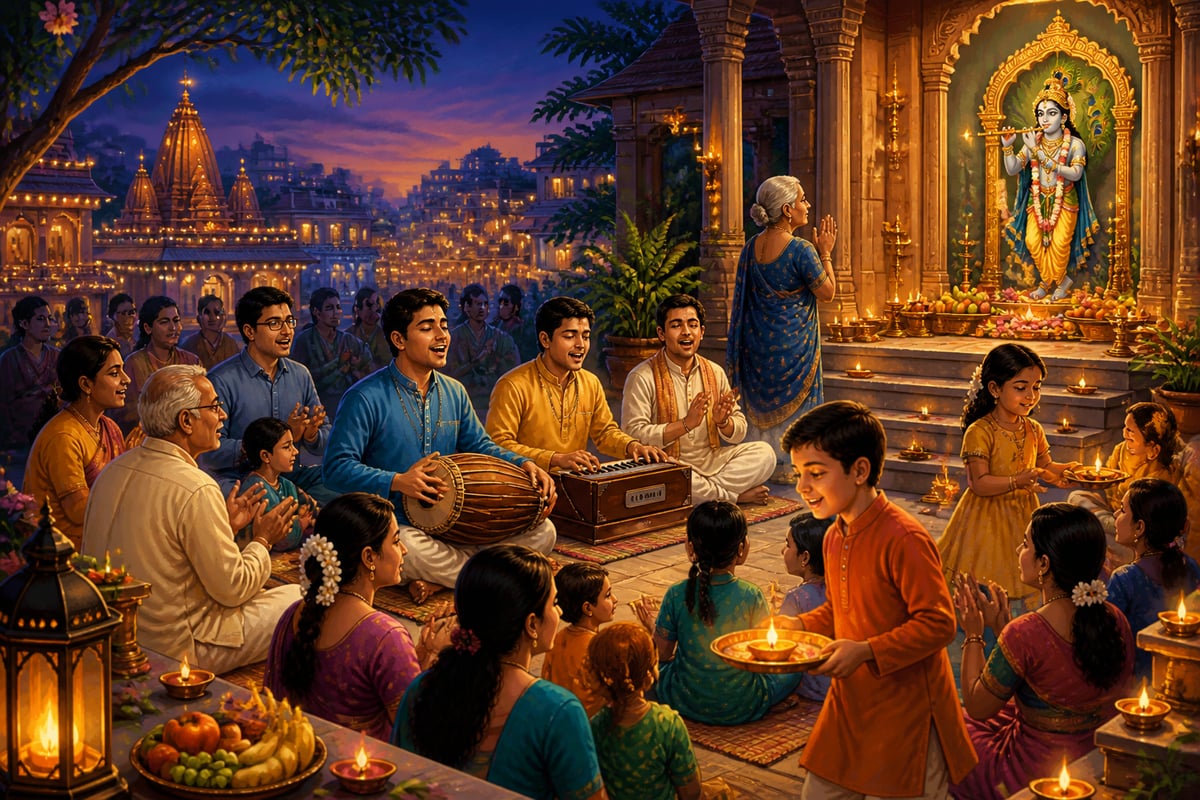 A multigenerational dharmic community gathered for kirtan at a modern Krishna temple