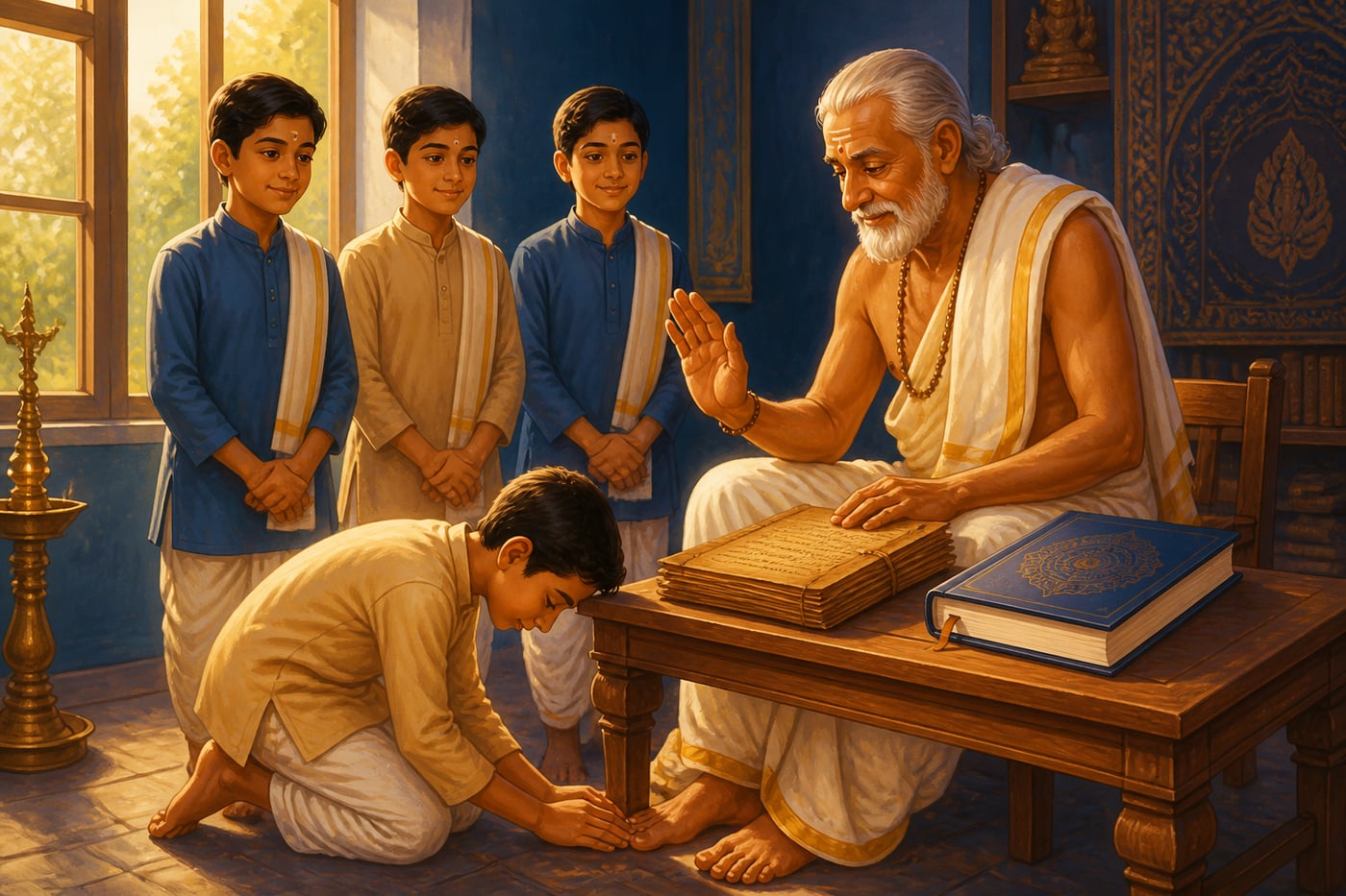 A modern student touching the feet of an elder teacher in living guru-shishya tradition