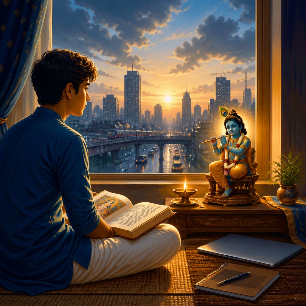 A young modern devotee seated on a woven mat in soft morning light, an open Bhagavatham in lap beside a small Krishna murti.