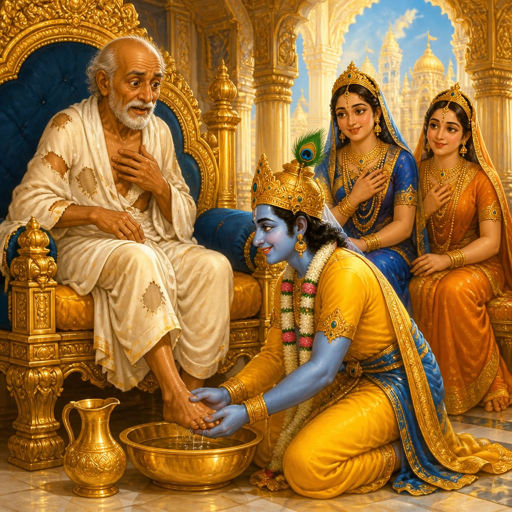 Krishna kneels and washes Sudama's dusty feet in a Dwaraka chamber.