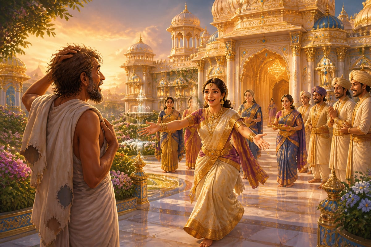 Sudama returning to find his hut transformed into a palace