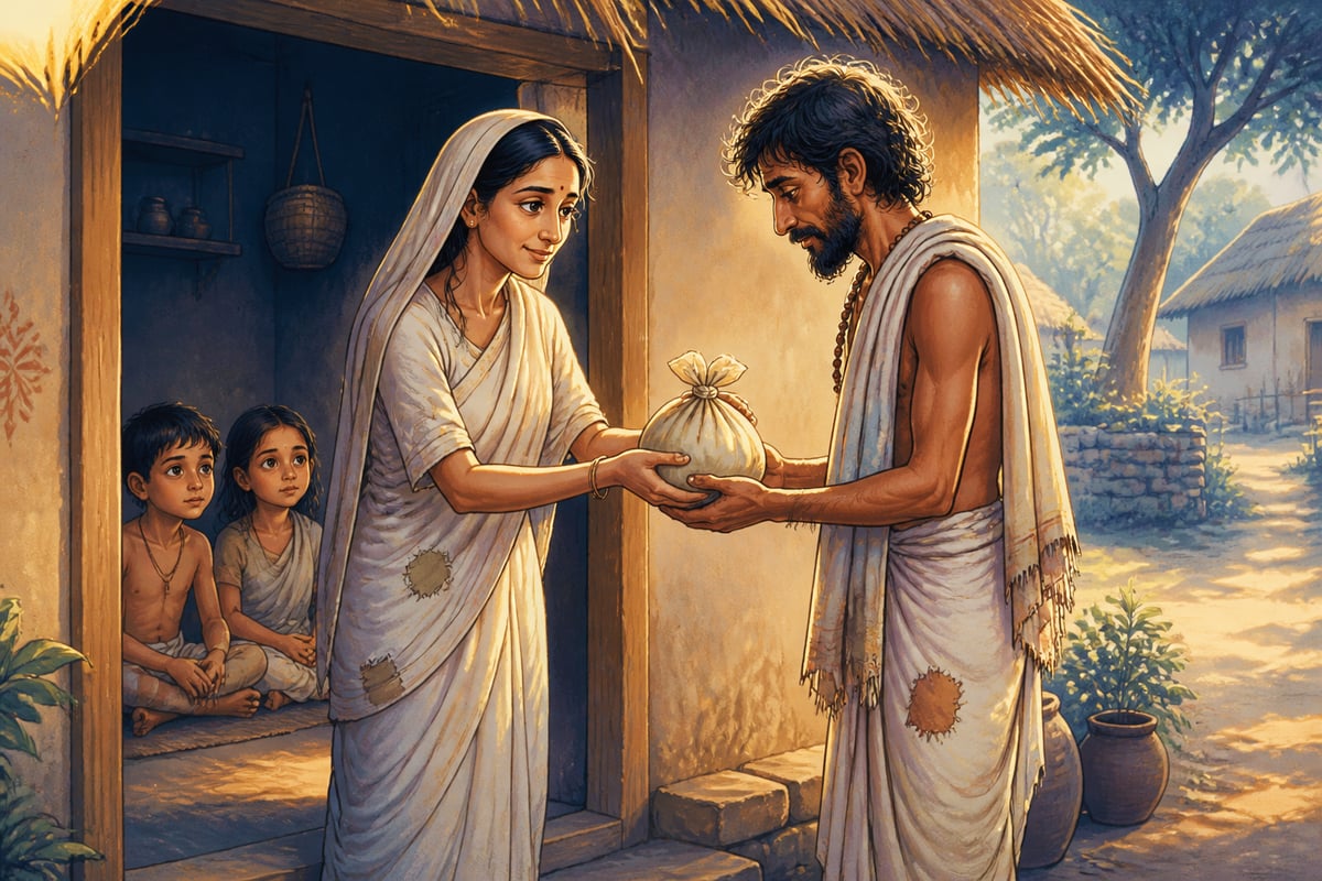 Sudama's wife placing the bundle of borrowed beaten rice in his hands