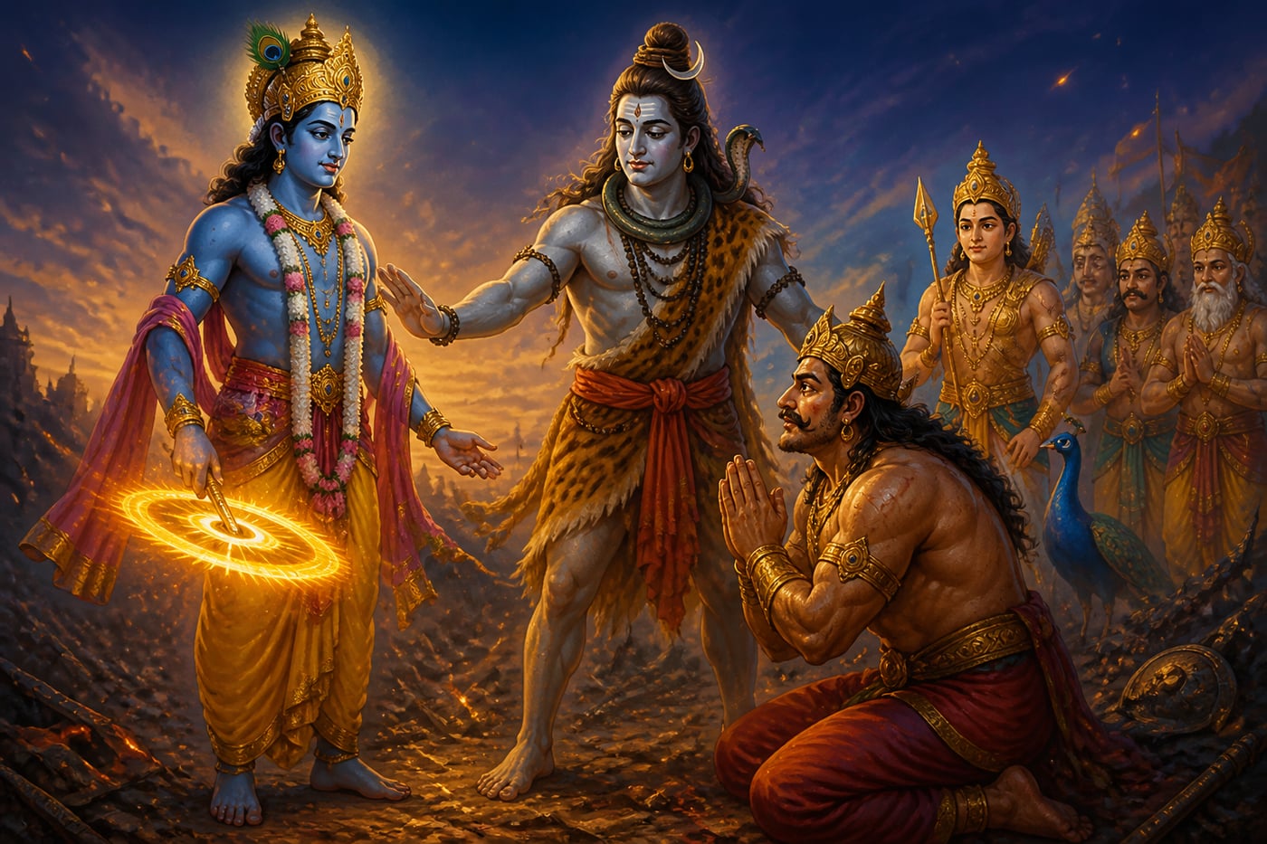 Krishna sparing Banasura at Shiva's tender intercession