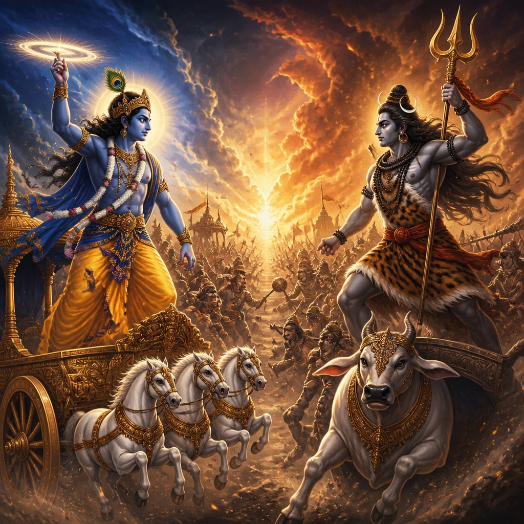 Krishna and Shiva face each other on the battlefield with chakra and trident.