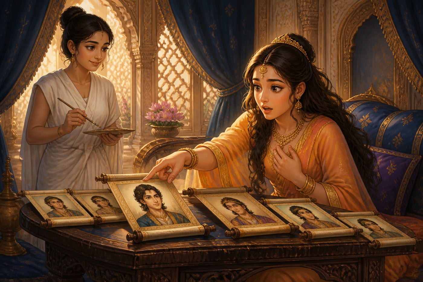 Usha recognizing Aniruddha among Chitralekha's painted portraits