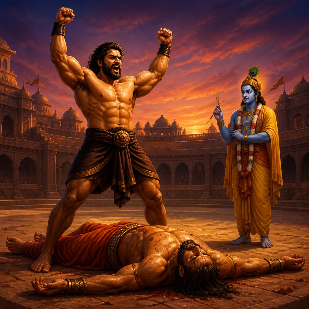 Bhima tears the mighty Jarasandha apart along the original seam.