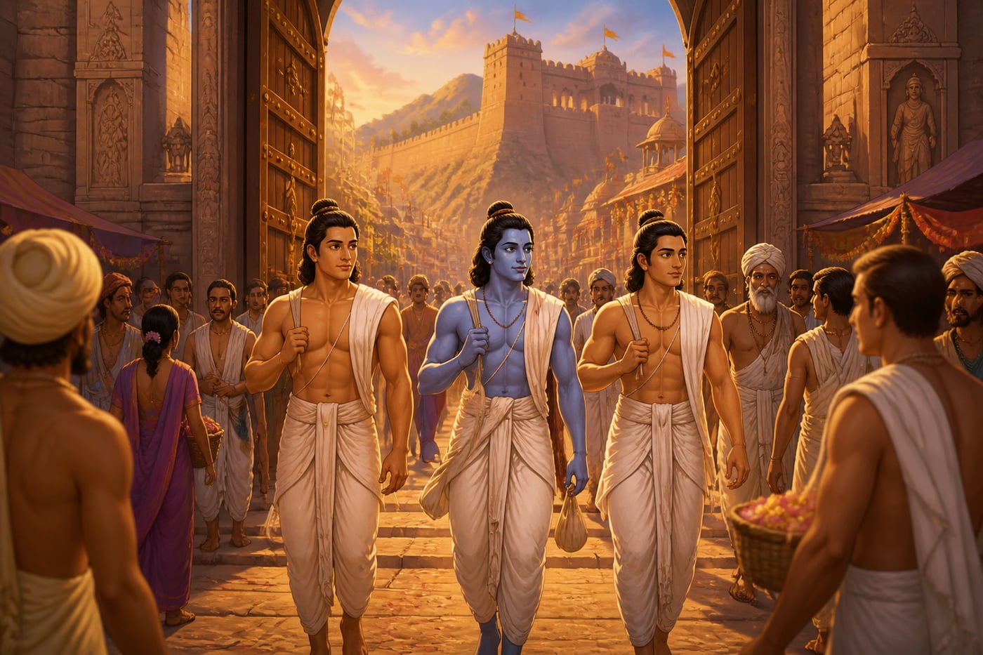 Krishna, Bhima, and Arjuna entering Magadha disguised as brahmanas