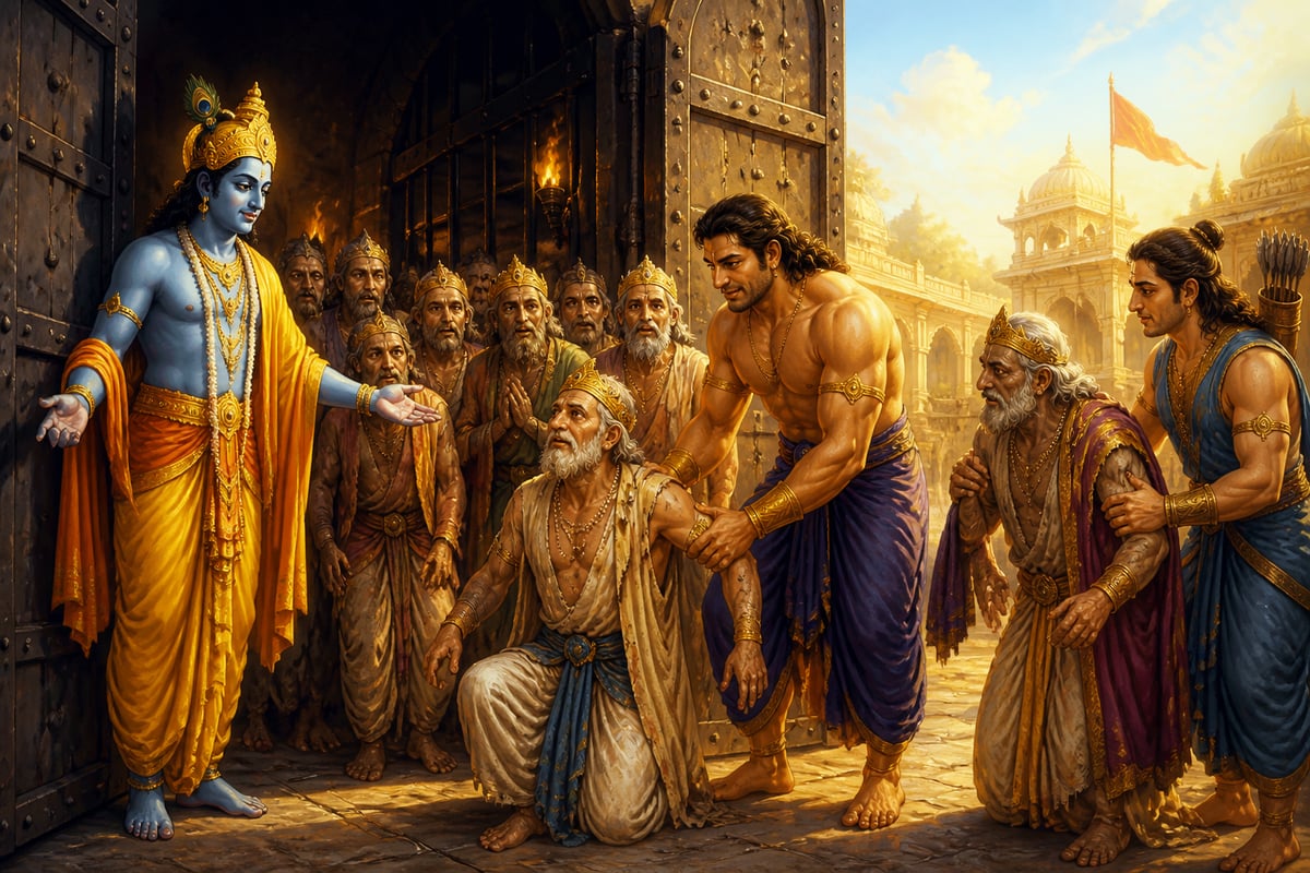 Krishna freeing the ninety-eight kings from Jarasandha's dungeon