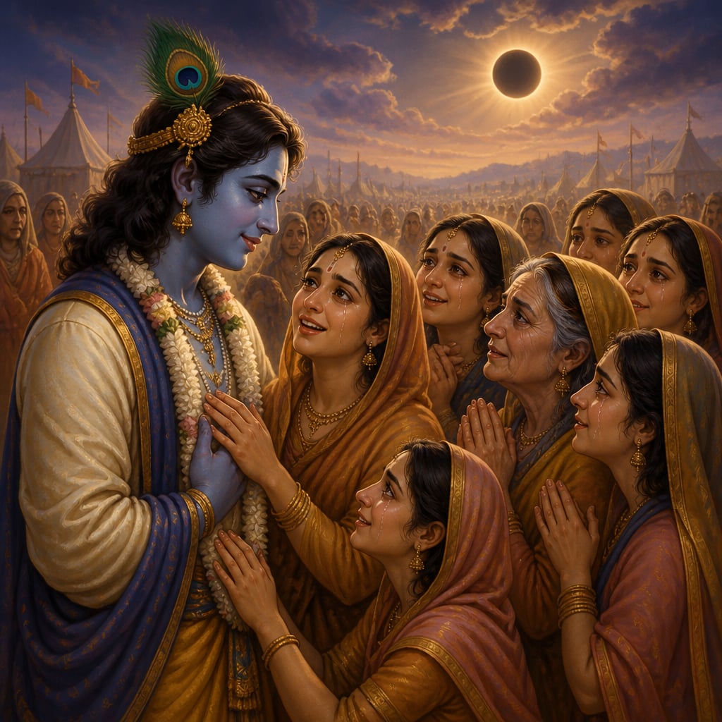 Krishna meets the Gopis again at Kurukshetra after long years of separation.