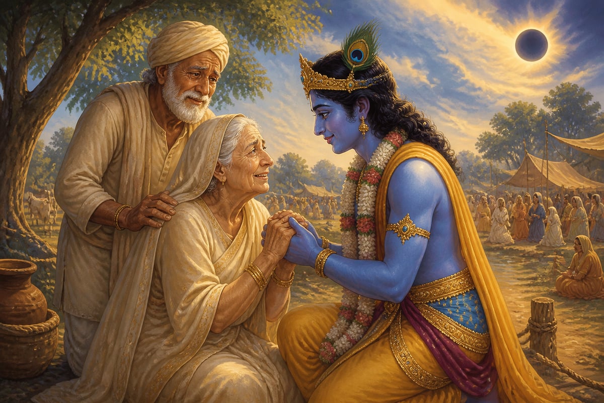 Krishna kneeling in reunion before his aged foster parents Yashoda and Nanda