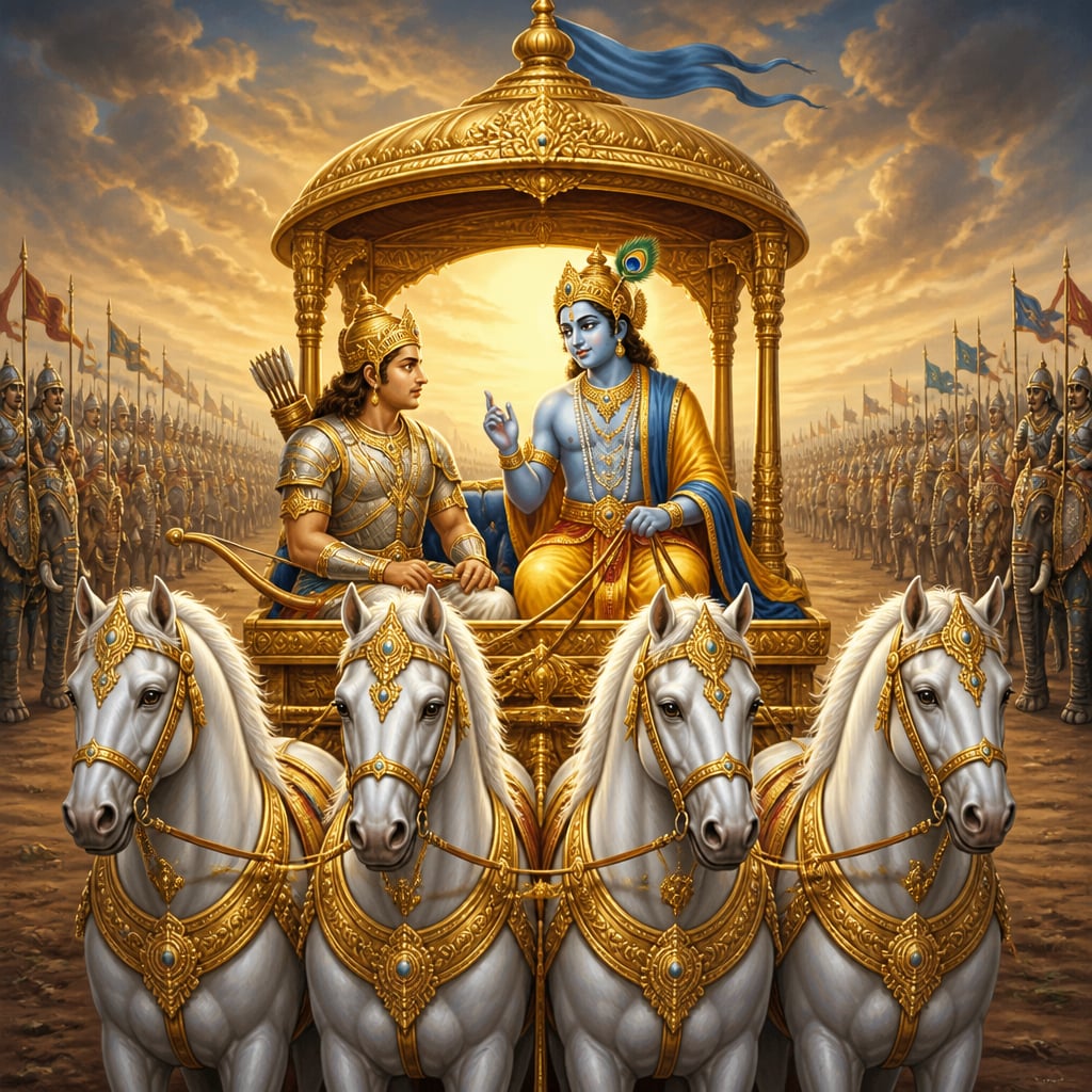 Krishna delivers the Bhagavad Gita to Arjuna between the two Kurukshetra armies.