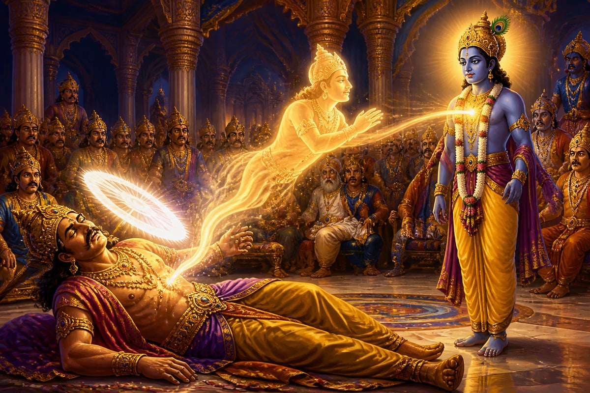 Shishupala's soul merging with Krishna at the moment of paradoxical liberation