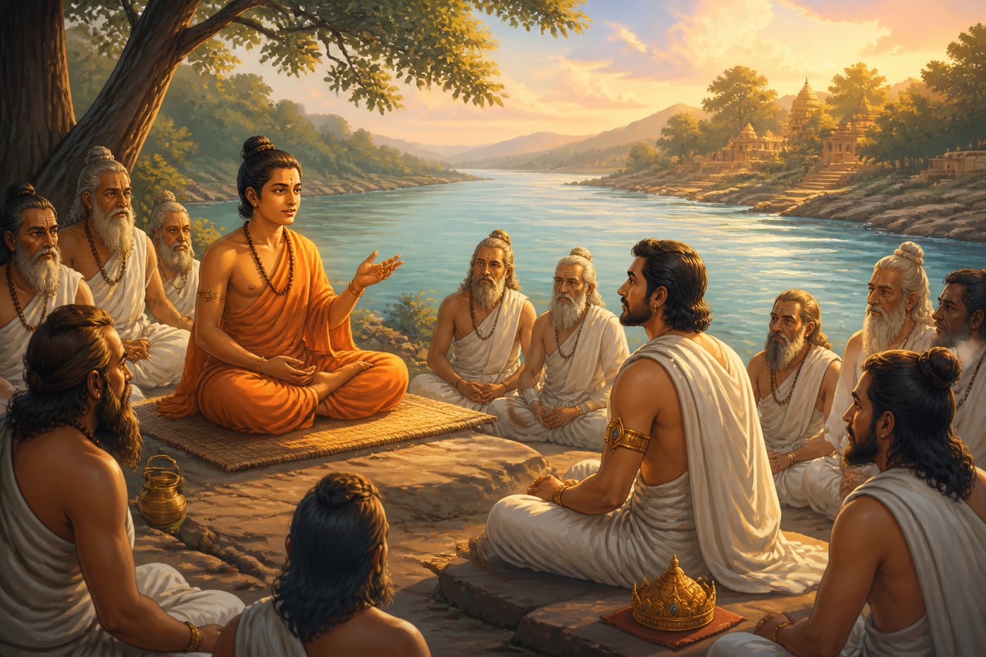 Shukadeva Goswami narrating the Bhagavatam to King Parikshit on the Ganga