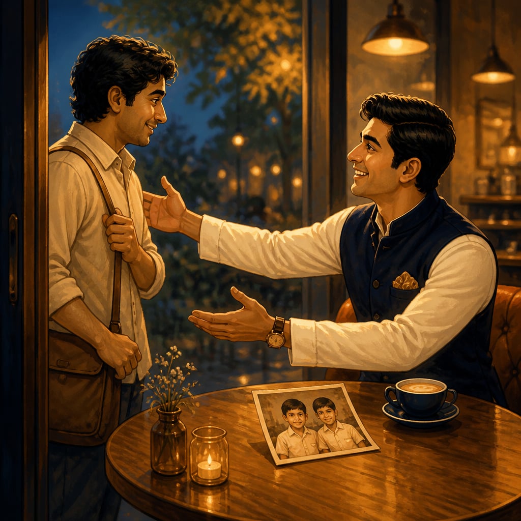 Two old friends sit across a small table in a modern cafe, present and unhurried.