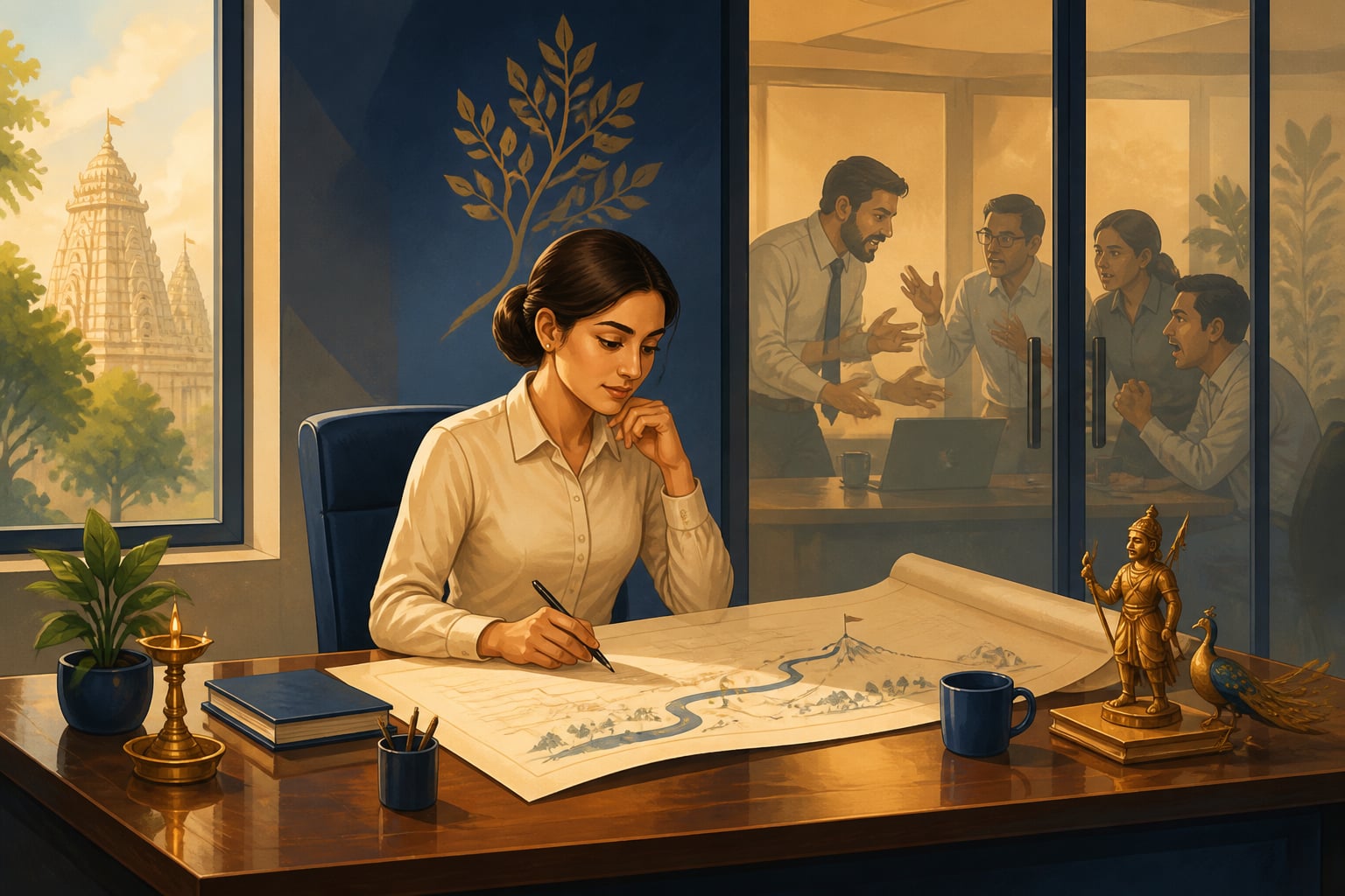 A modern executive practicing strategic patience over short-term wins