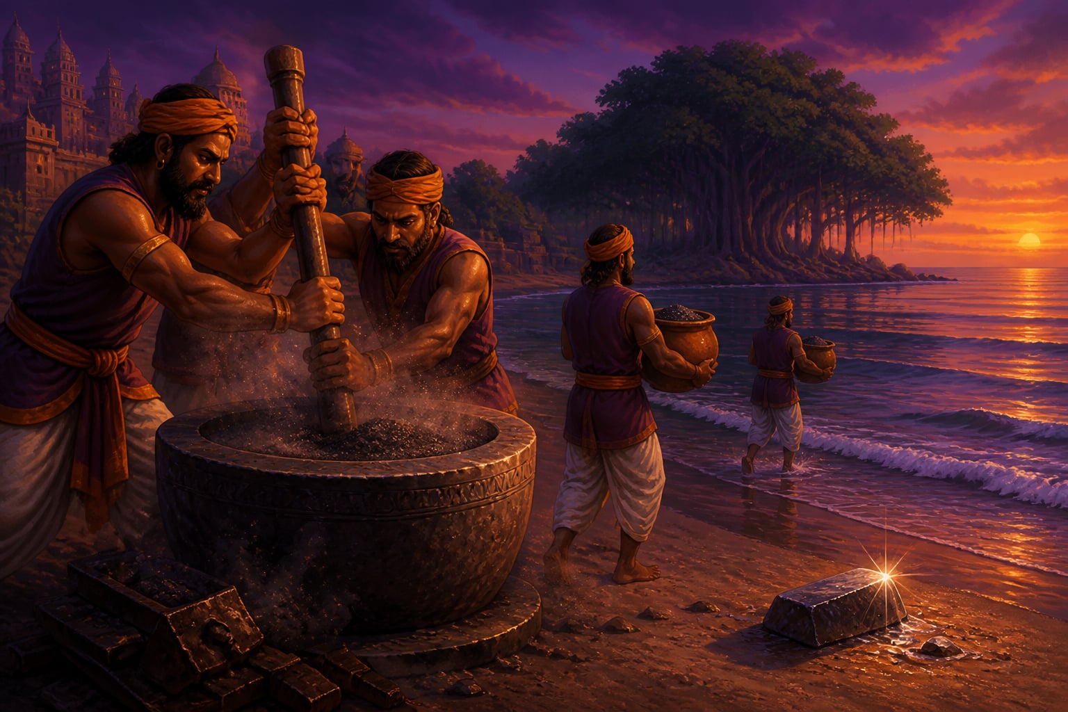 Iron pestle being ground at Dwaraka's shore
