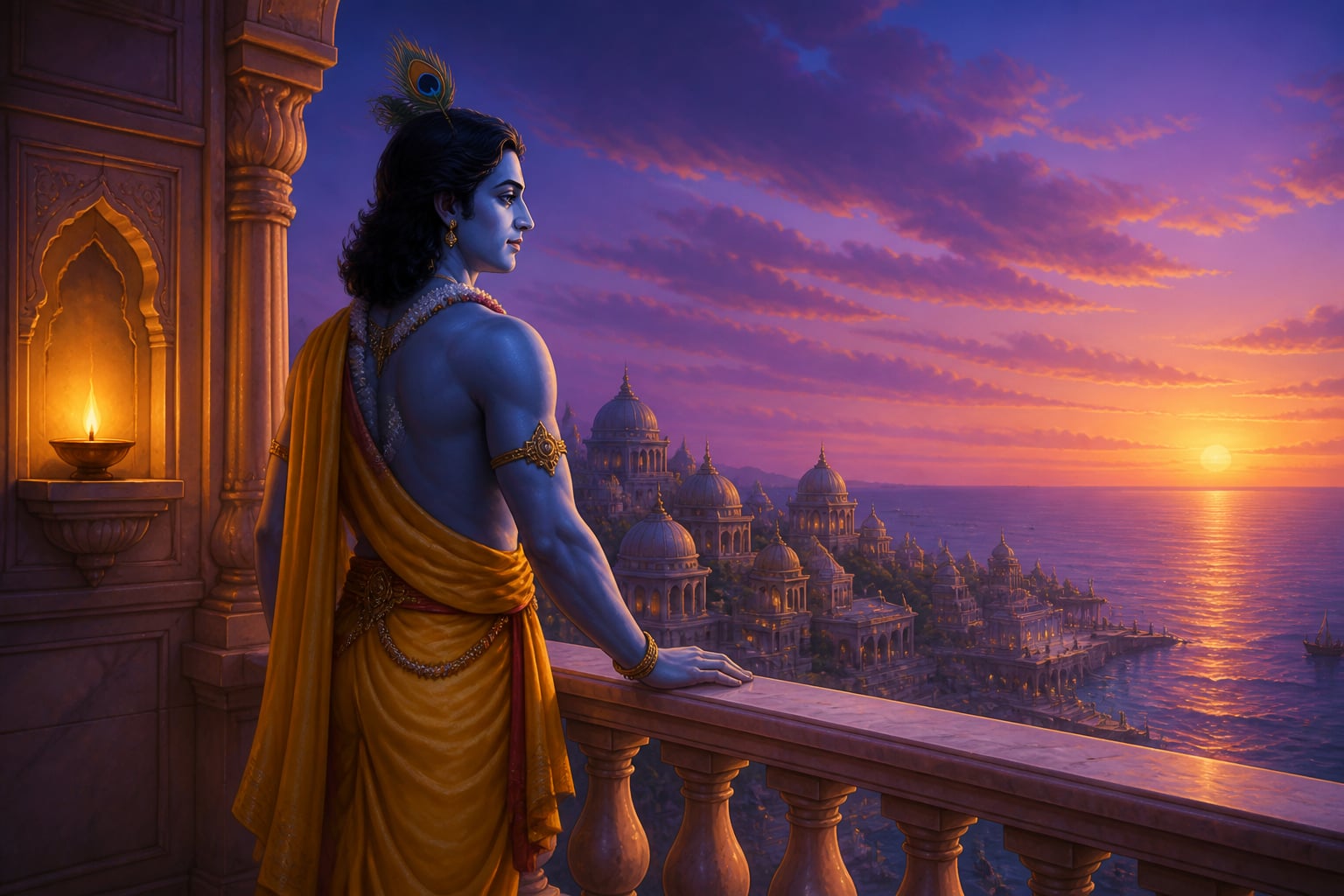 Krishna accepting the curse at Dwaraka's balcony