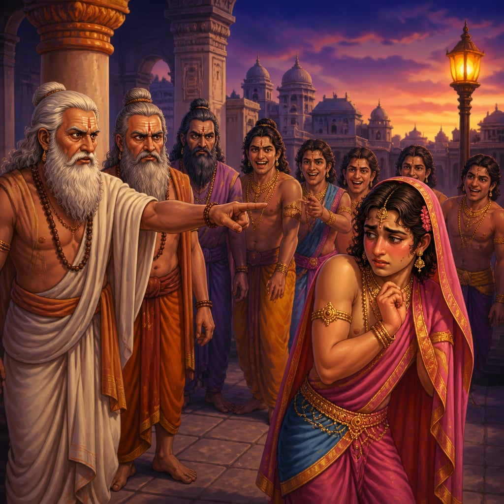 Sages cursing Samba with iron mace prophecy in Dwaraka courtyard