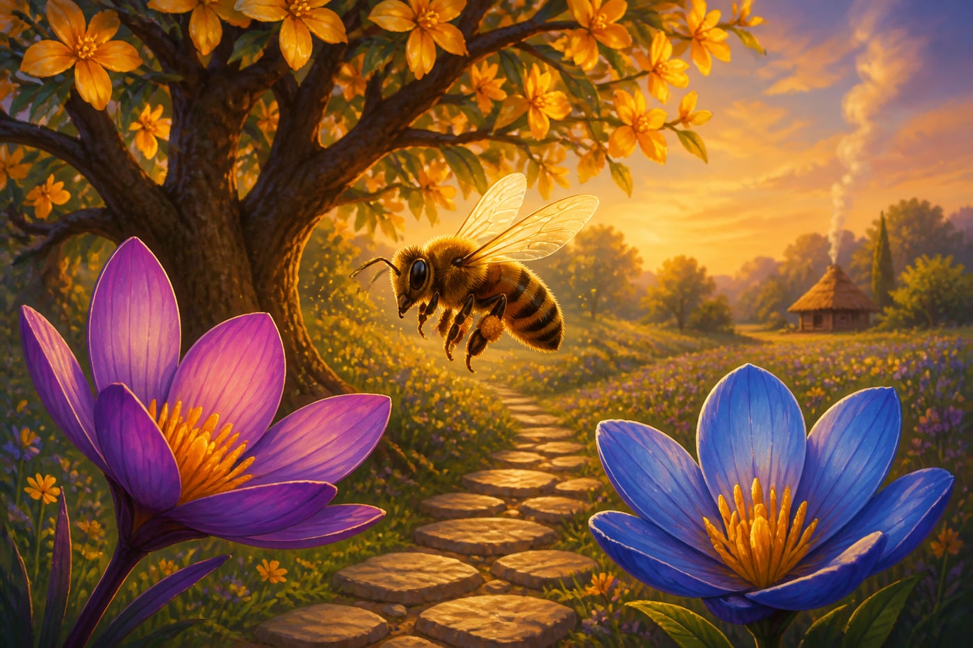 A honey bee suspended between two flowers