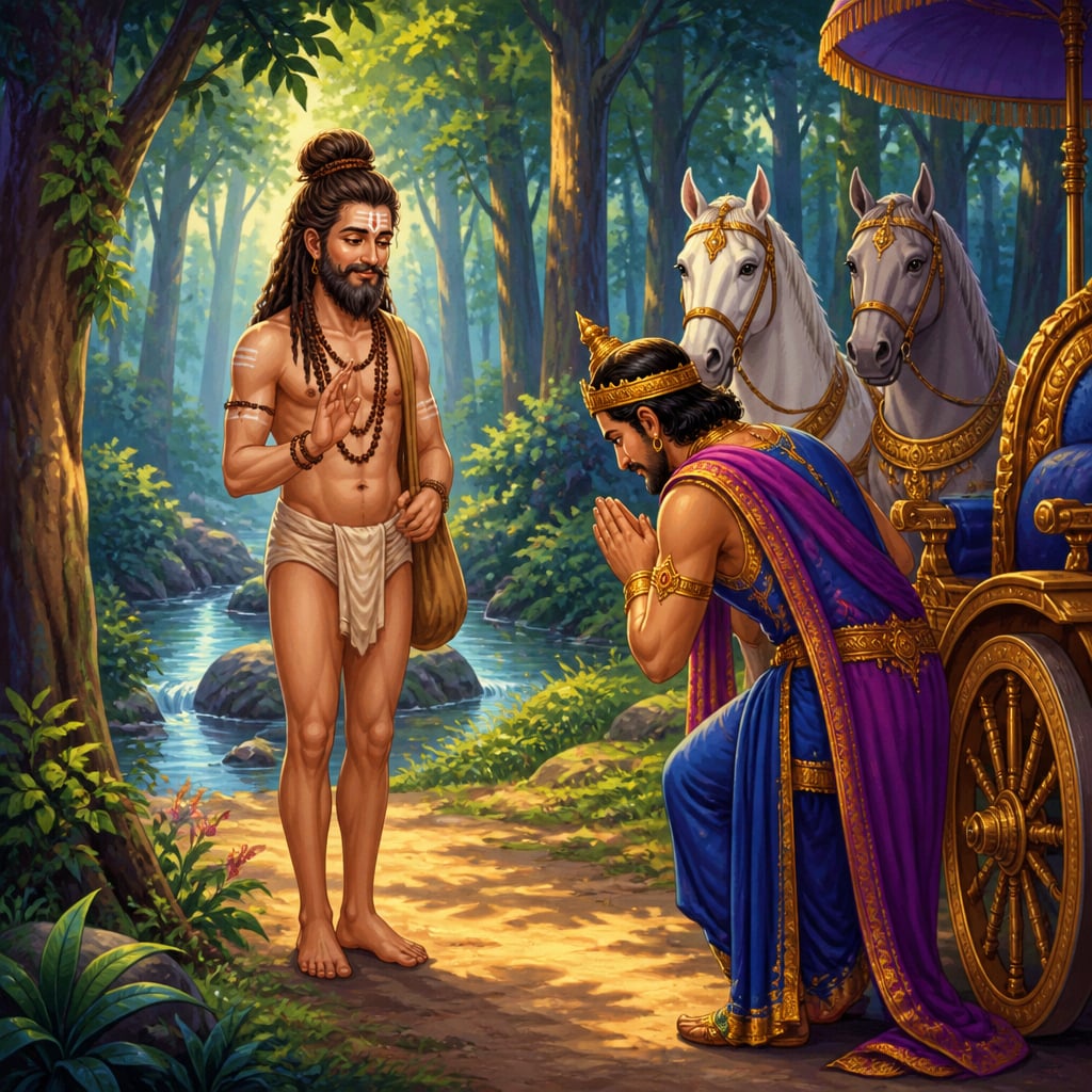 Avadhuta brahmana smiling before King Yadu in sun-dappled forest