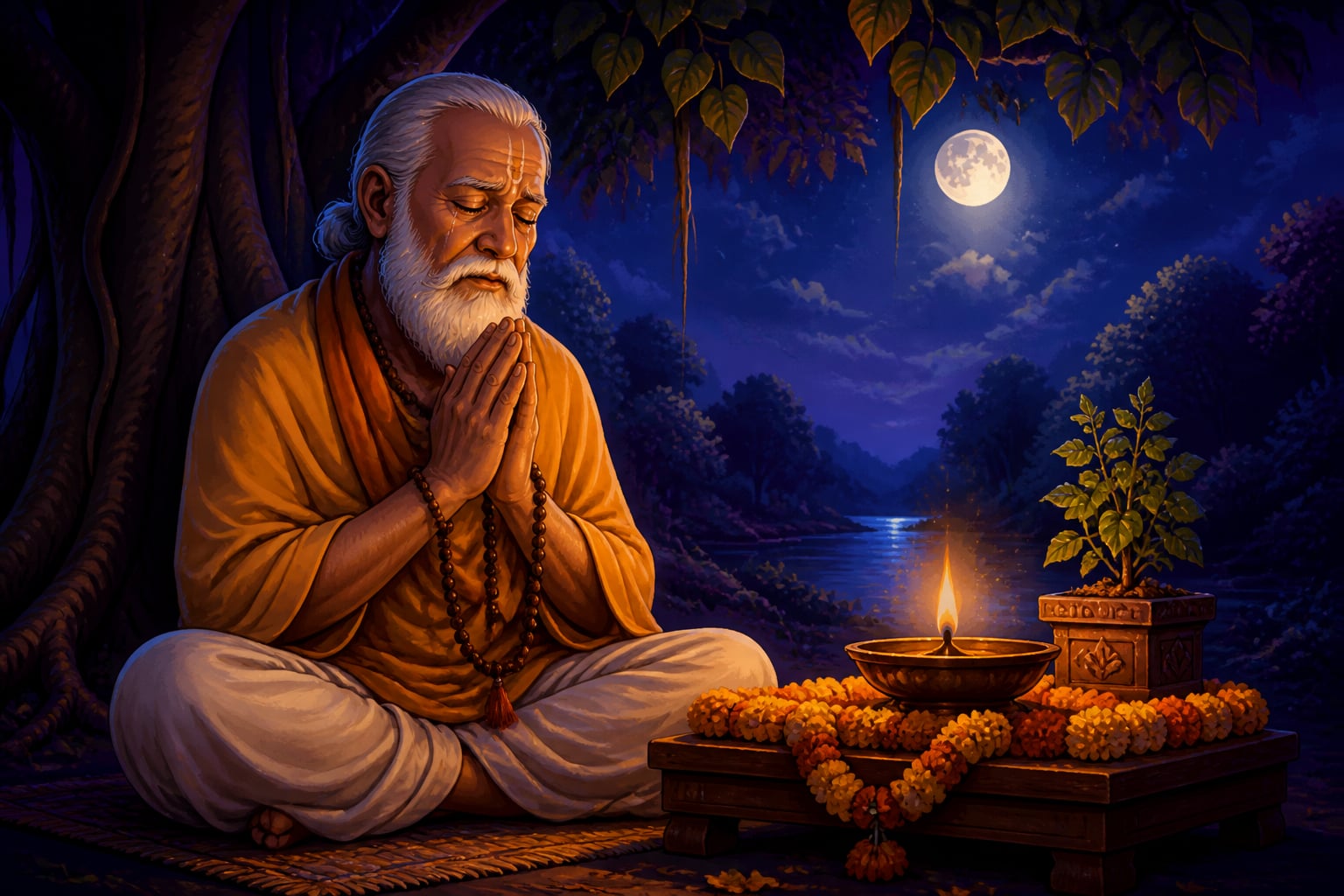 An elderly bhakta in devotion before a lamp
