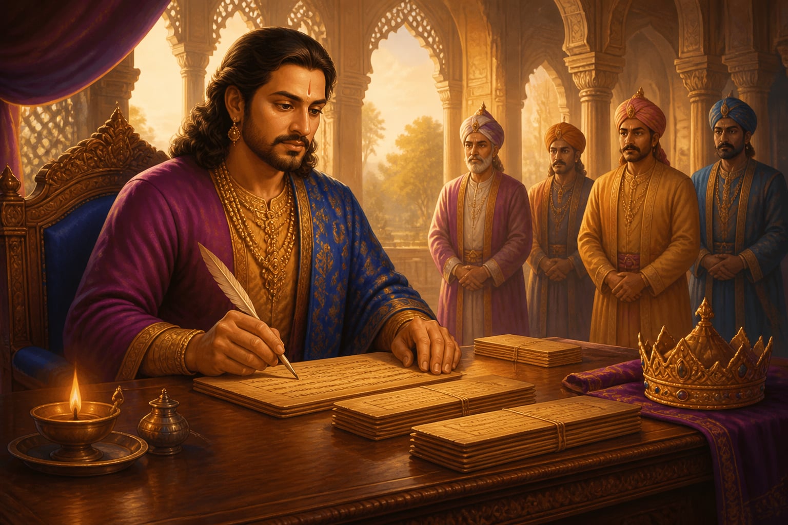 A king acting without attachment at his court desk