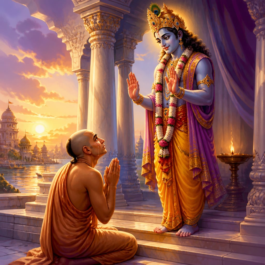 Uddhava kneeling at Krishna's feet pleading for final teachings