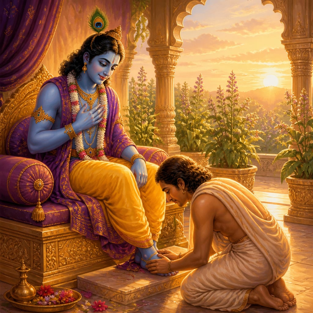 Krishna seated on throne with hand on heart declaring devotion to bhaktas
