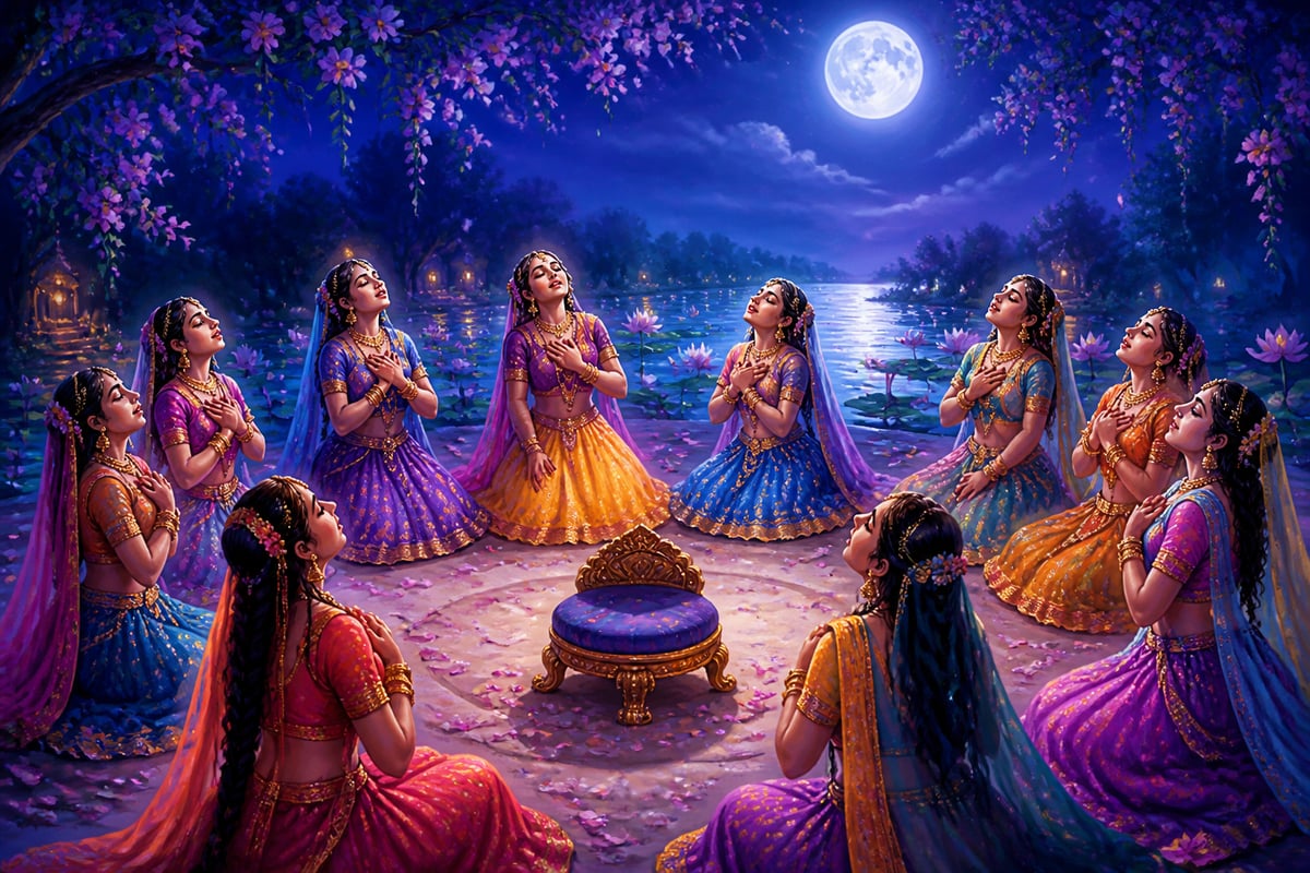 Gopis dancing under the full Vrindavan moon