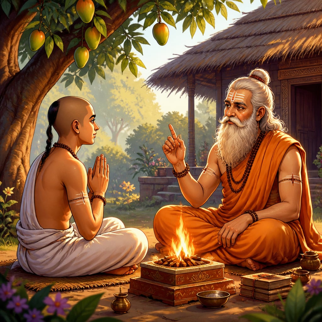 Brahmachari student before fire altar with guru at forest ashrama