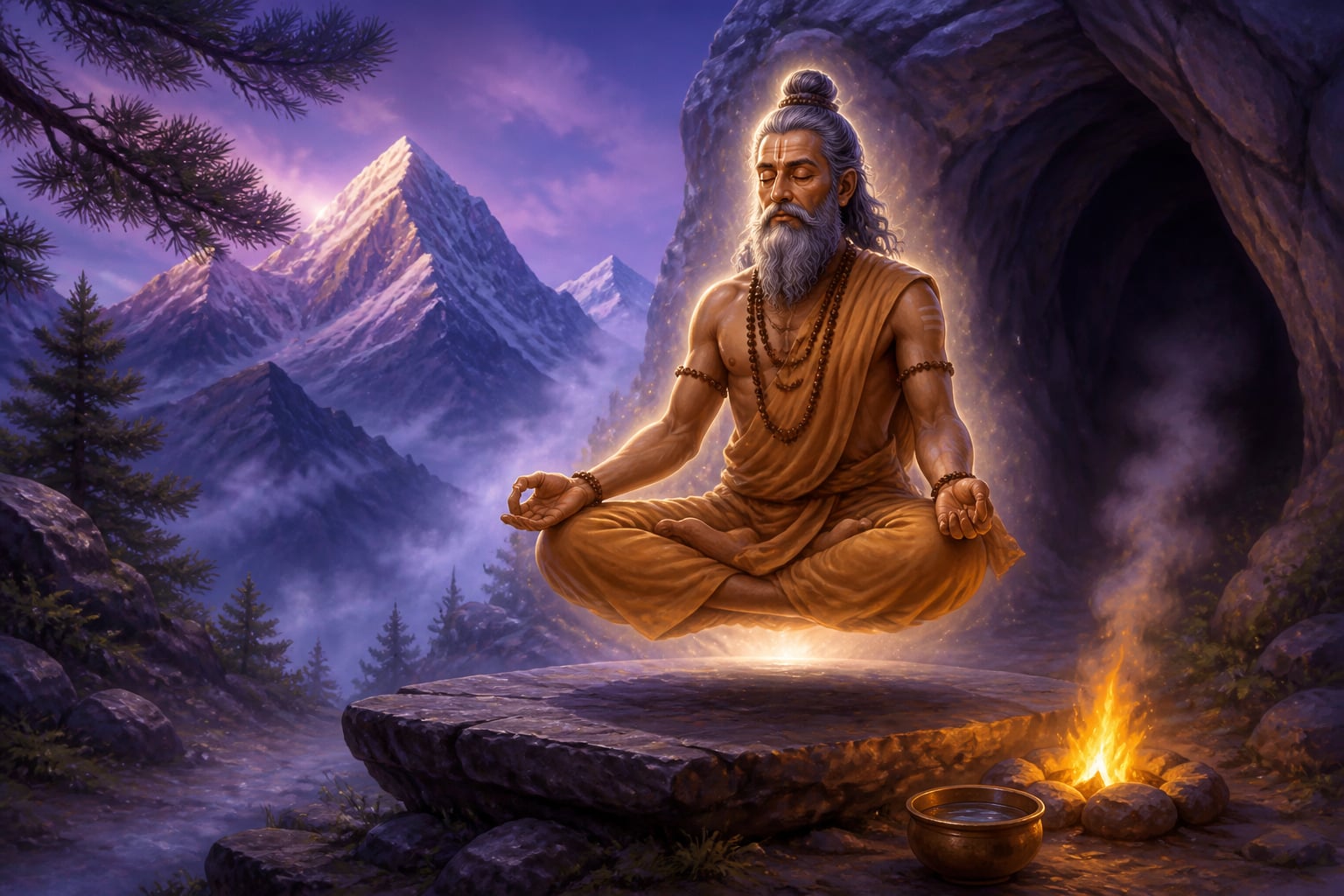 A yogi levitating at a Himalayan cave entrance
