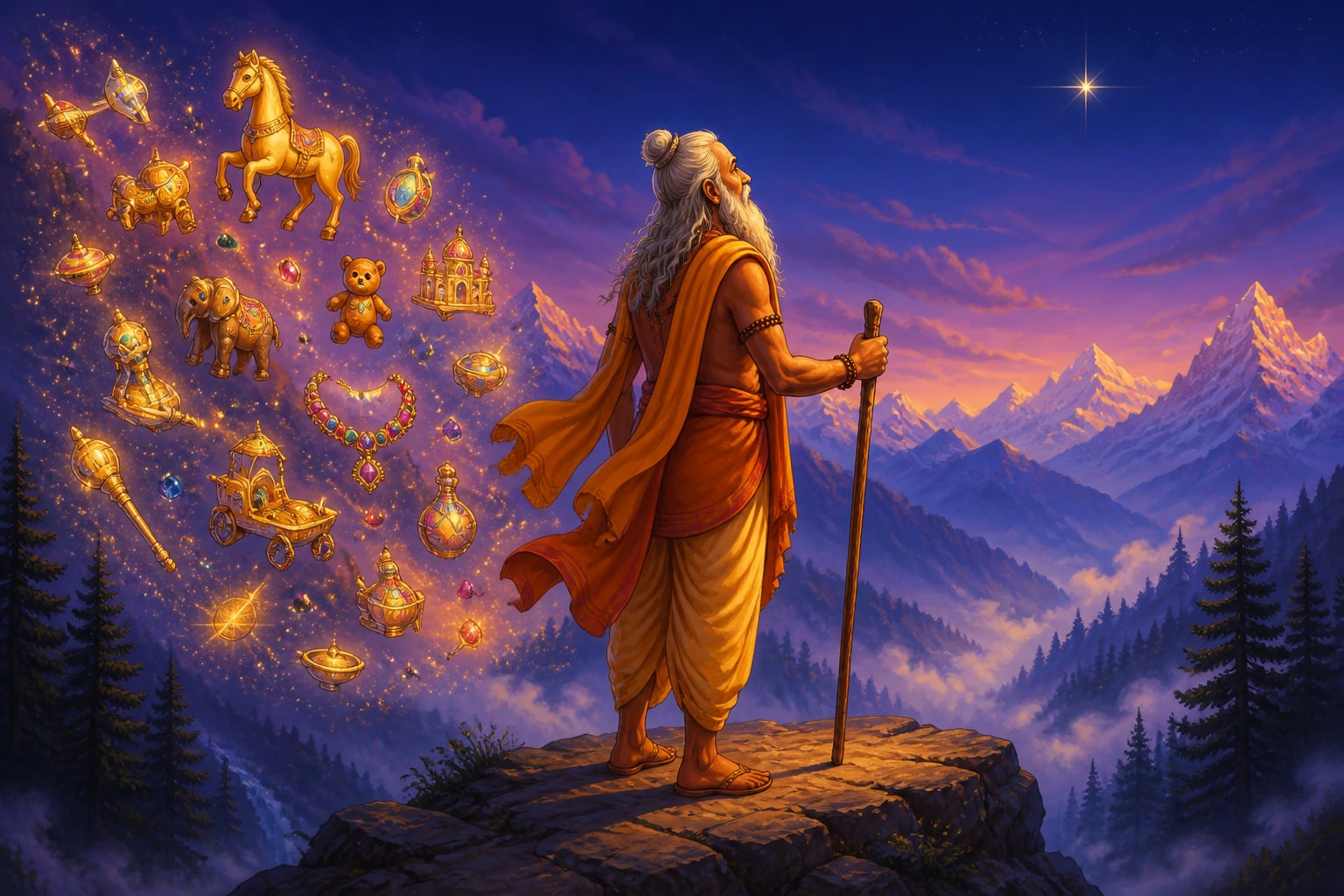 A yogi turning from glowing siddhi temptations