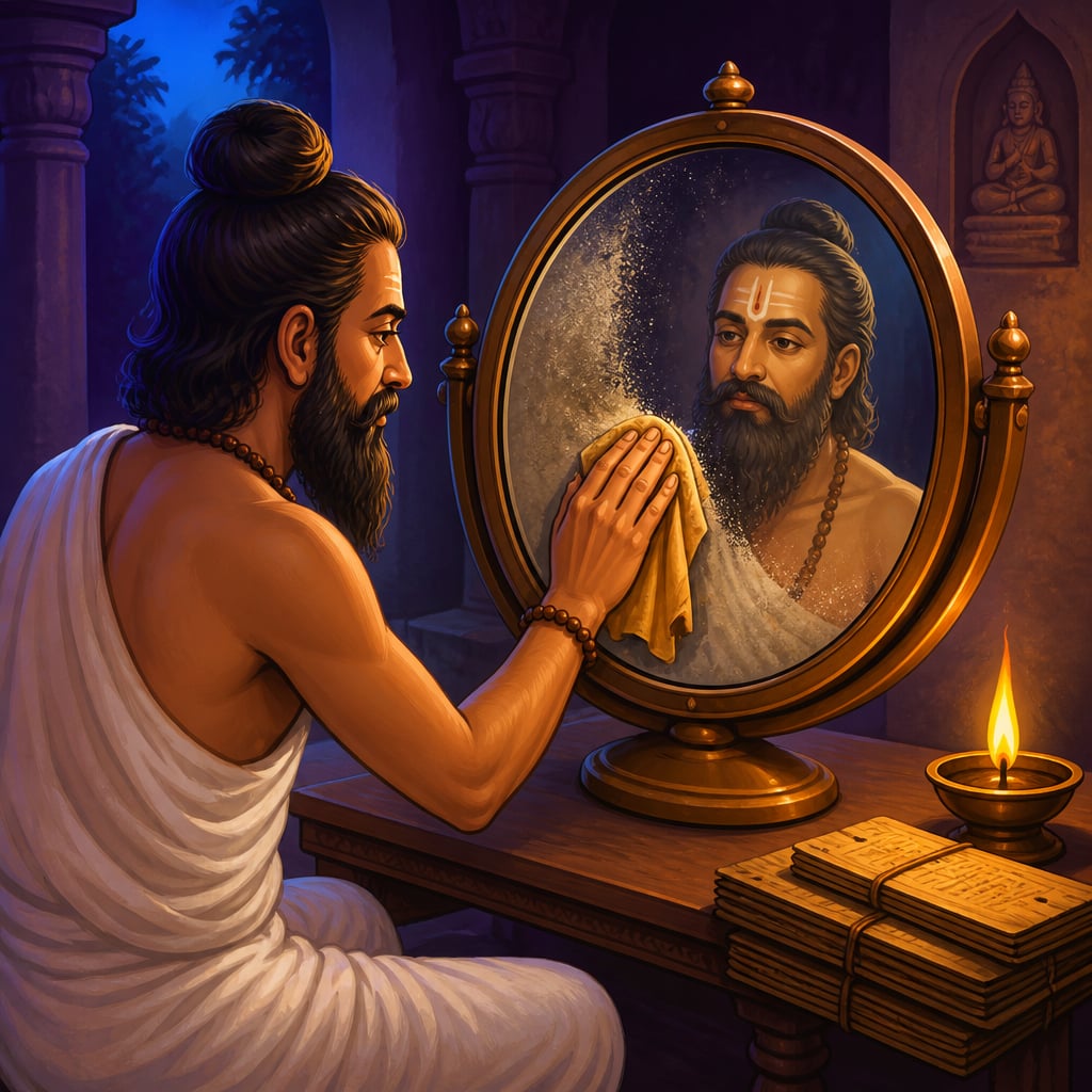 Sage wiping dust from bronze mirror revealing clear reflection