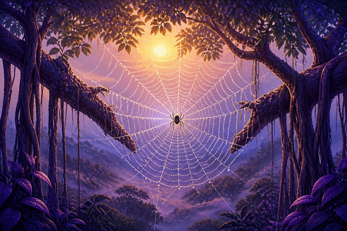 A luminous spider's web across two banyan branches