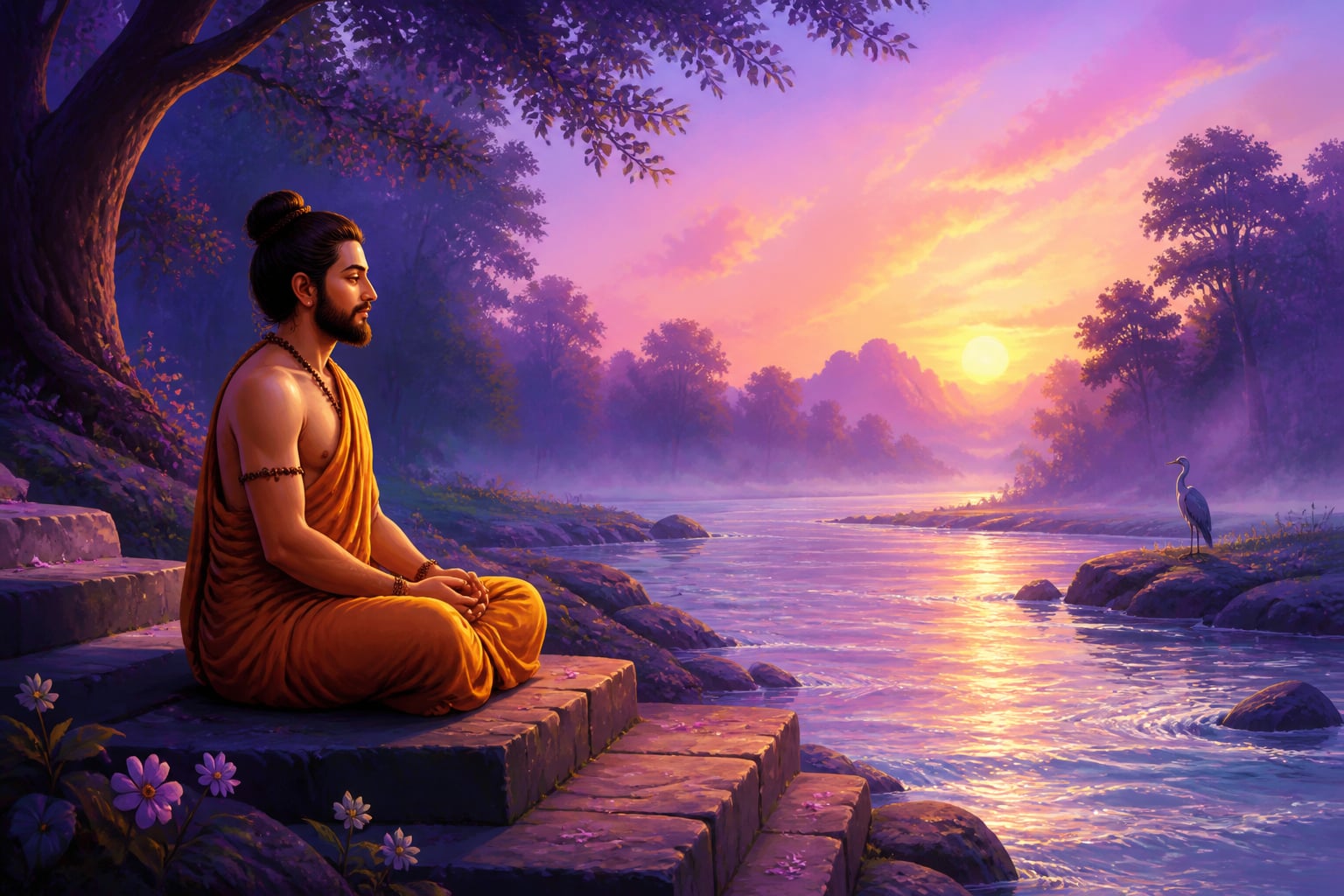 A meditator at a forest riverbank at dawn