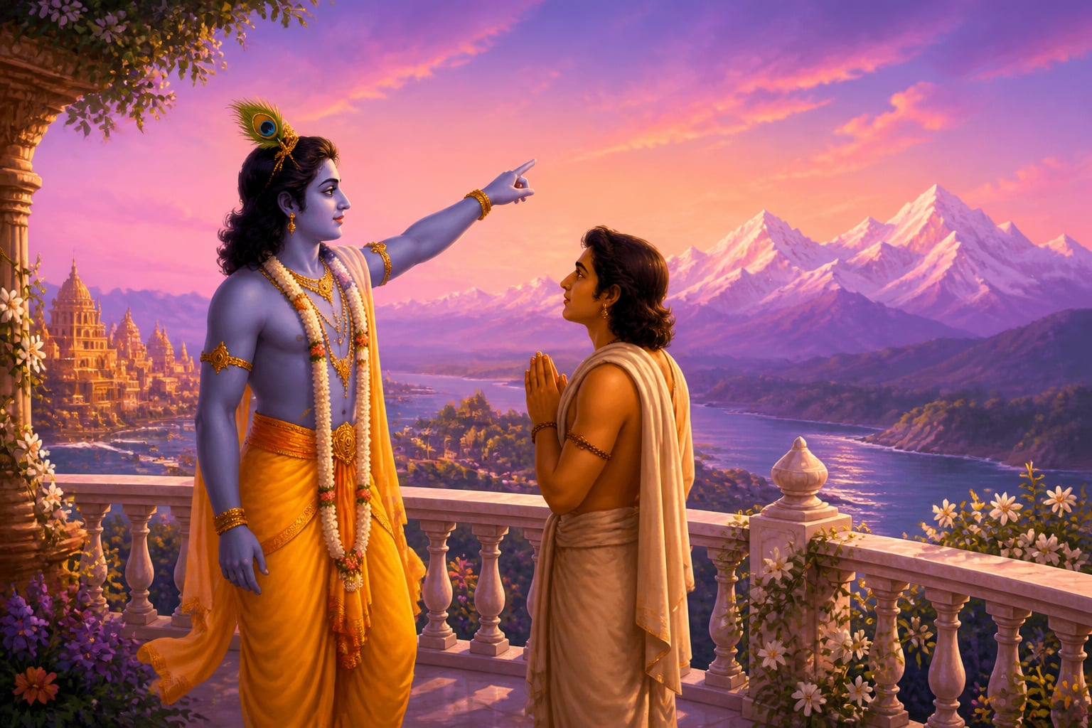 Krishna pointing toward the distant Himalayas