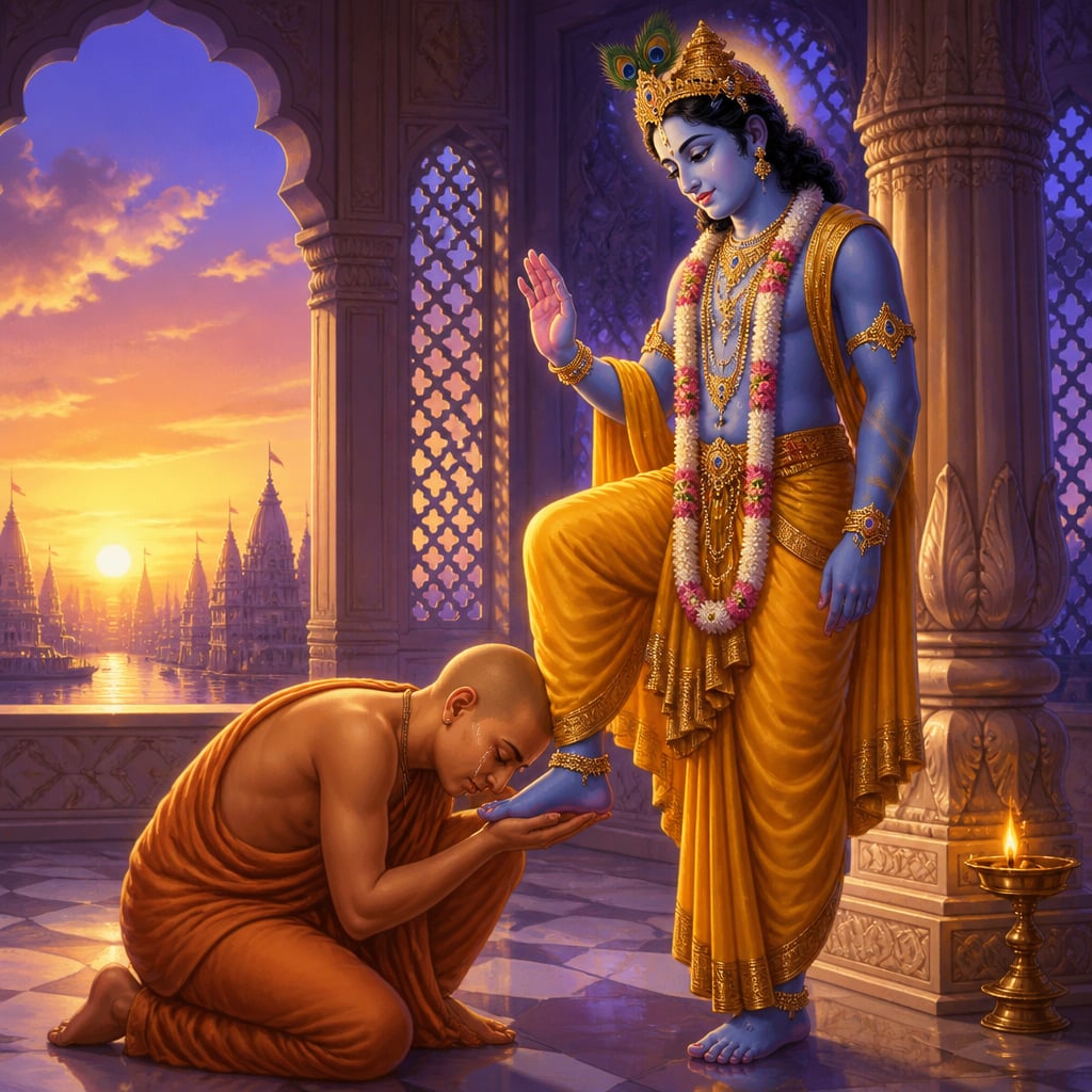 Uddhava placing Krishna's lotus foot upon his bowed head one final time