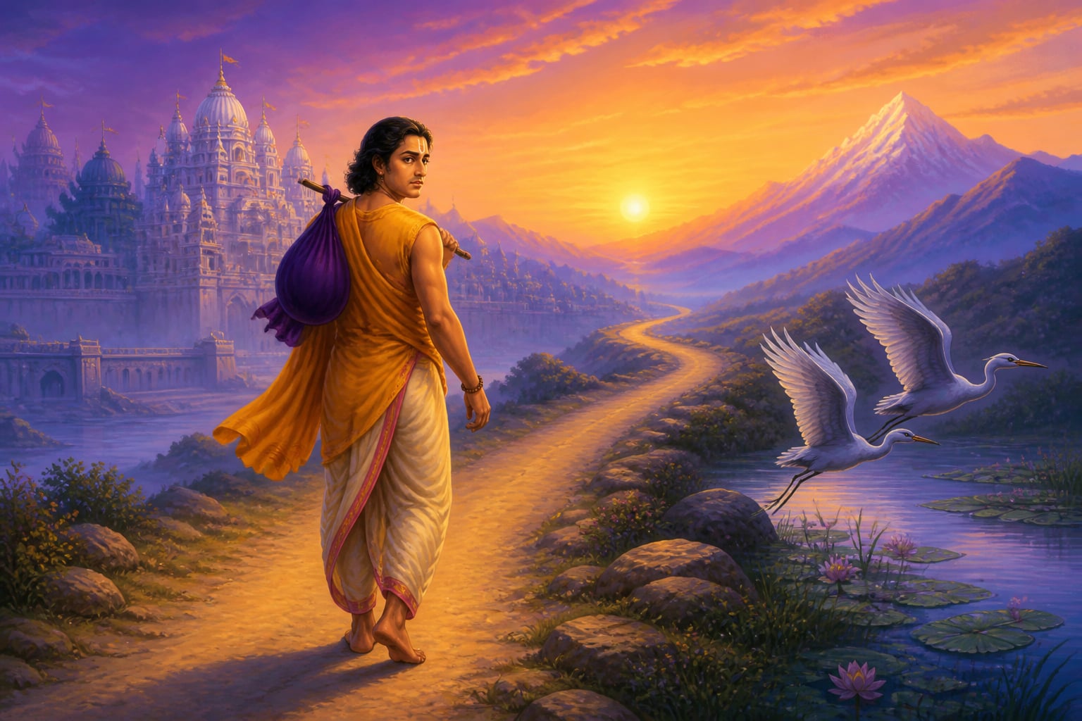 Uddhava walking away from Dwaraka at sunrise