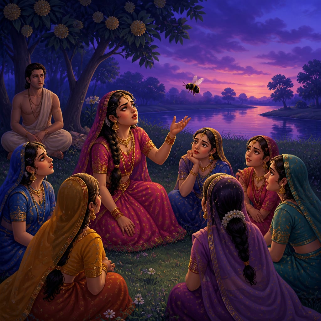 Gopis with Radha addressing a black bee at Vrindavan twilight