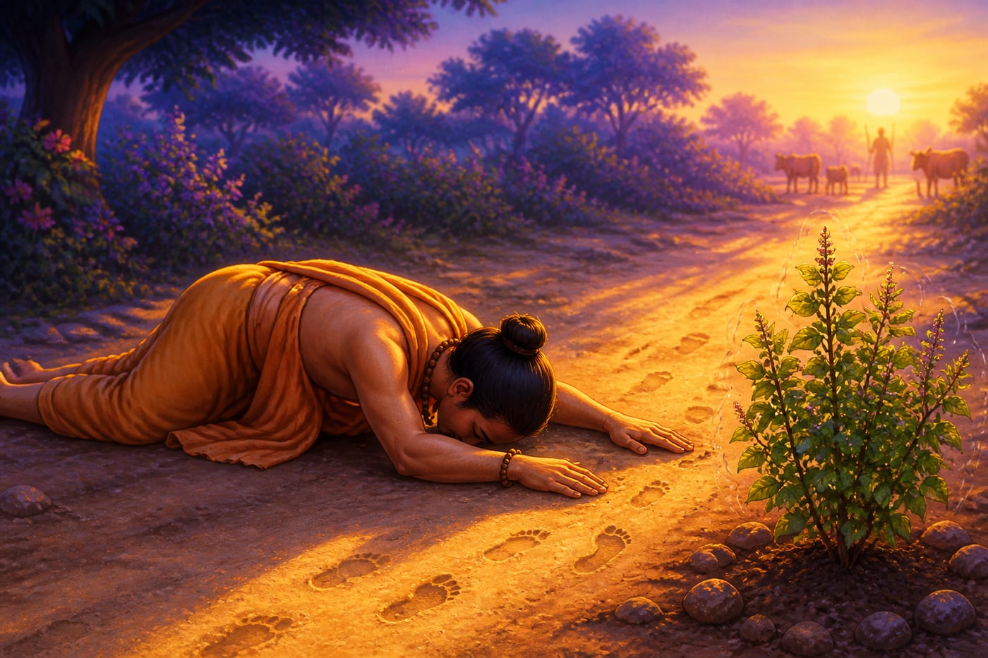 Uddhava prostrate on the Vrindavan dust